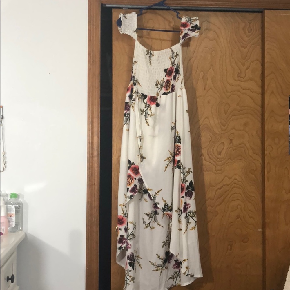off the shoulder white floral dress